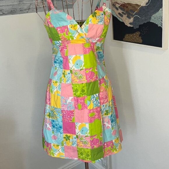 Lilly Pulitzer Dresses & Skirts - Lily Pulitzer Pink Yellow Green Patchwork Cotton Shift Womens Sundress Size 2